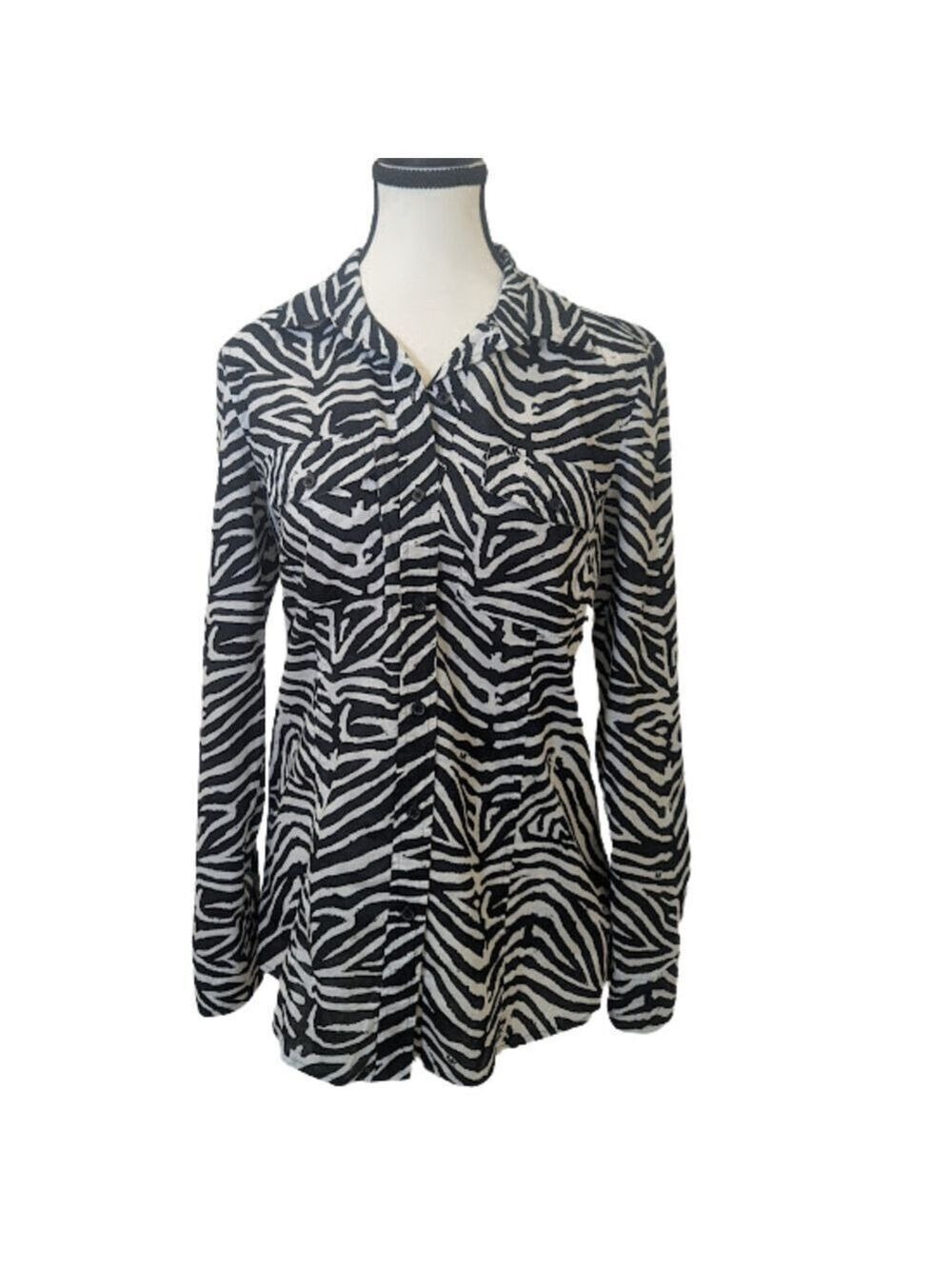 Michael Kors Zebra Print Button Front Blouse | Roll Tab Sleeves Chic Classic | 6